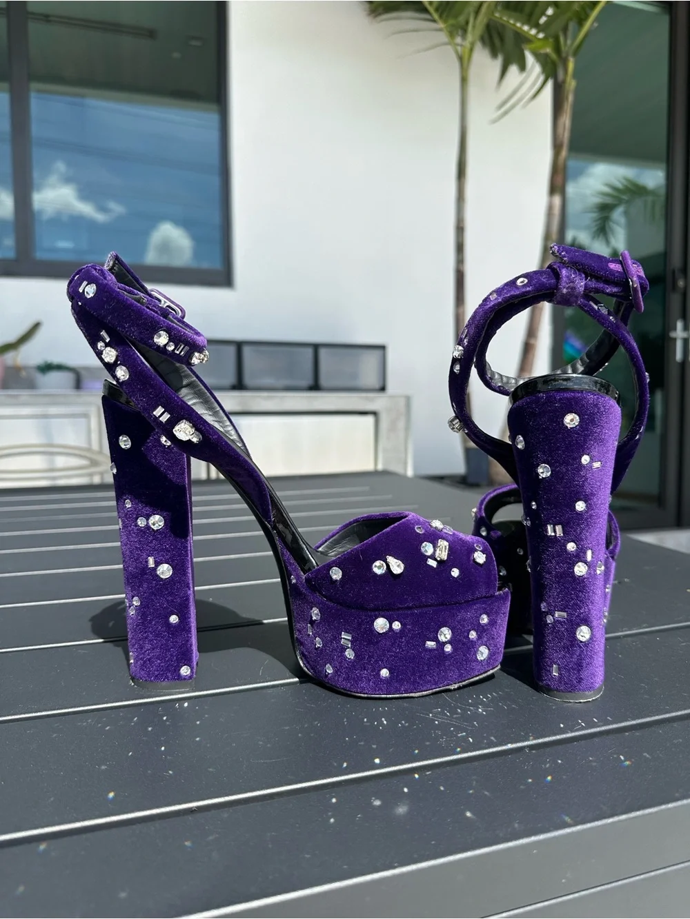 Giuseppe Zanotti Purple Velvet Crystal Dazzling Betty Platform Sandals 39